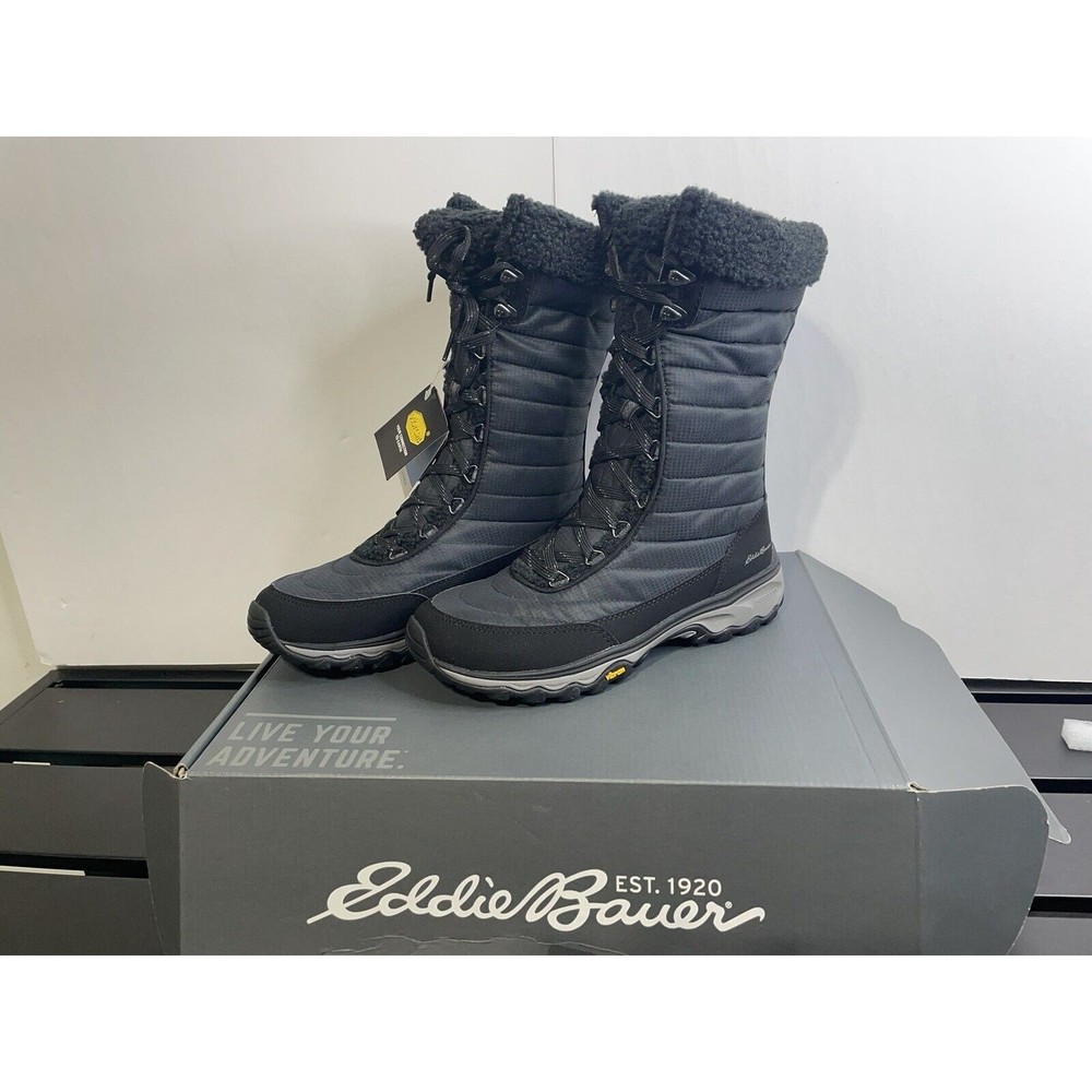 New Eddie Bauer Microtherm 3.0 Insulated Boot Faux Fur Lace Up Women 8 M Black